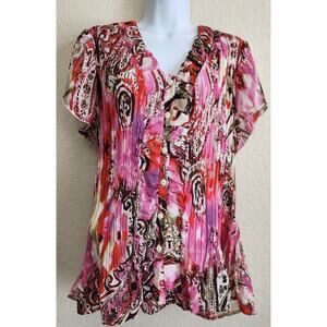 Cato Pink Purple Accordion Pleated Button Up Top 18W 20W Plus Lightweight